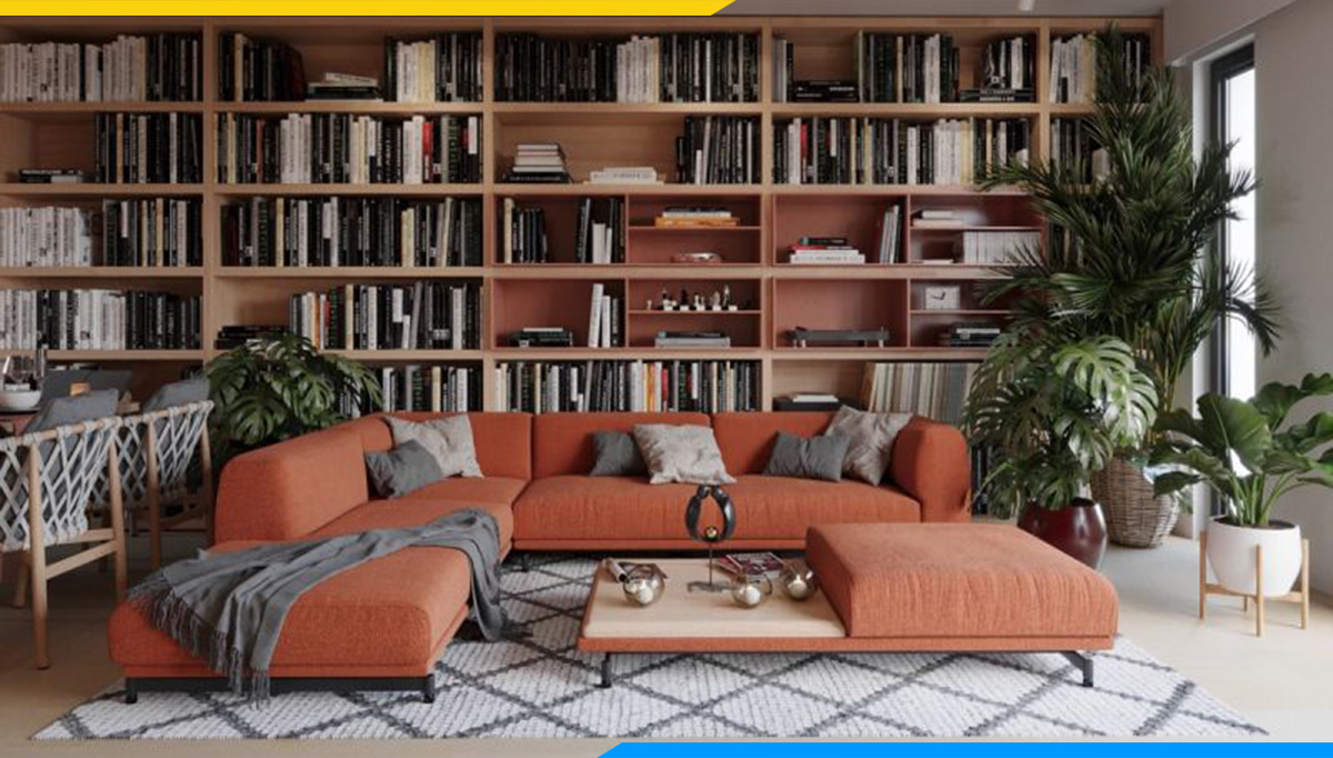 Mẫu sofa góc chữ V kê phòng đọc sách