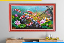 Mẫu tranh sơn dầu cá chép hoa đào hoa sen đẹp