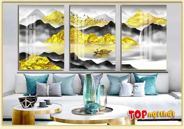 Tranh tráng gương 3D dãy núi vàng ở phòng khách TraTop-3316