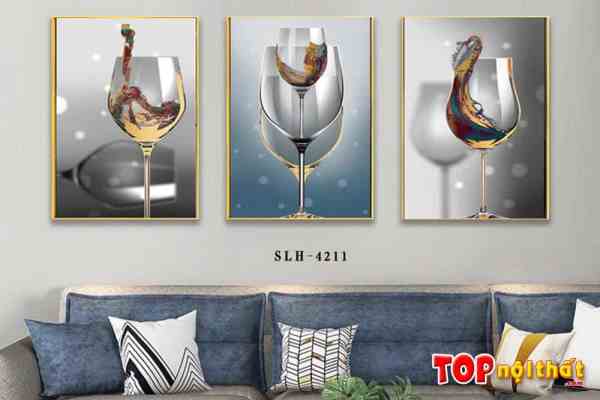 Tranh tráng gương bộ 3 bức ly rượu treo tường TraTop-2022