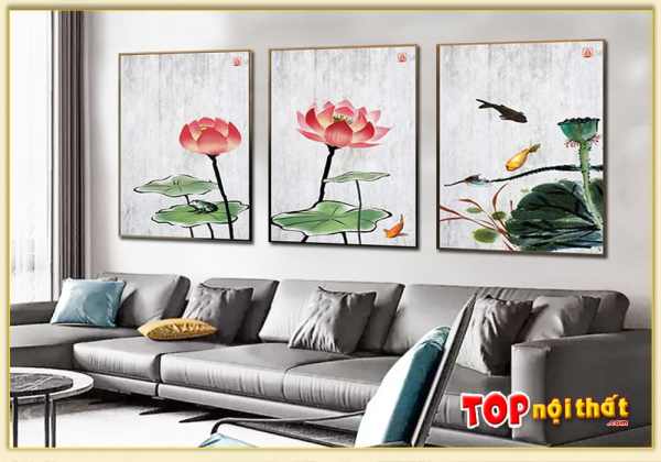 Bức tranh tráng gương hoa sen 3D trên sofa TraTop-3145