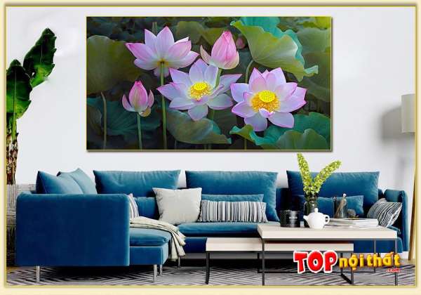Tranh tráng gương hoa sen treo tường trên sofa góc L TraTop-3188