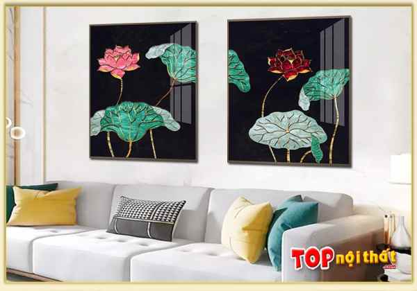 Tranh tráng gương hoa sen 2 tấm đẹp trên sofa TraTop-3360