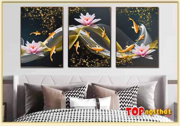 Bộ tranh tráng gương hoa sen cá chép cho phòng ngủ TraTop-4003